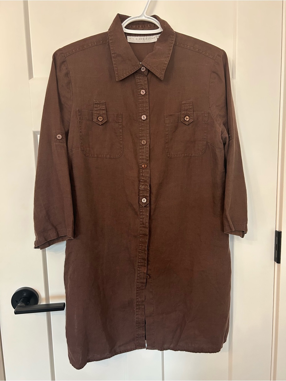 It’s A New Vision Brown Linen Shirt Dress Medium Roll Tab Sleeves
